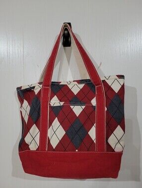Lands' End Vintage Classic Five Pocket Red Gray Argyle Canvas Boat Tote Bag